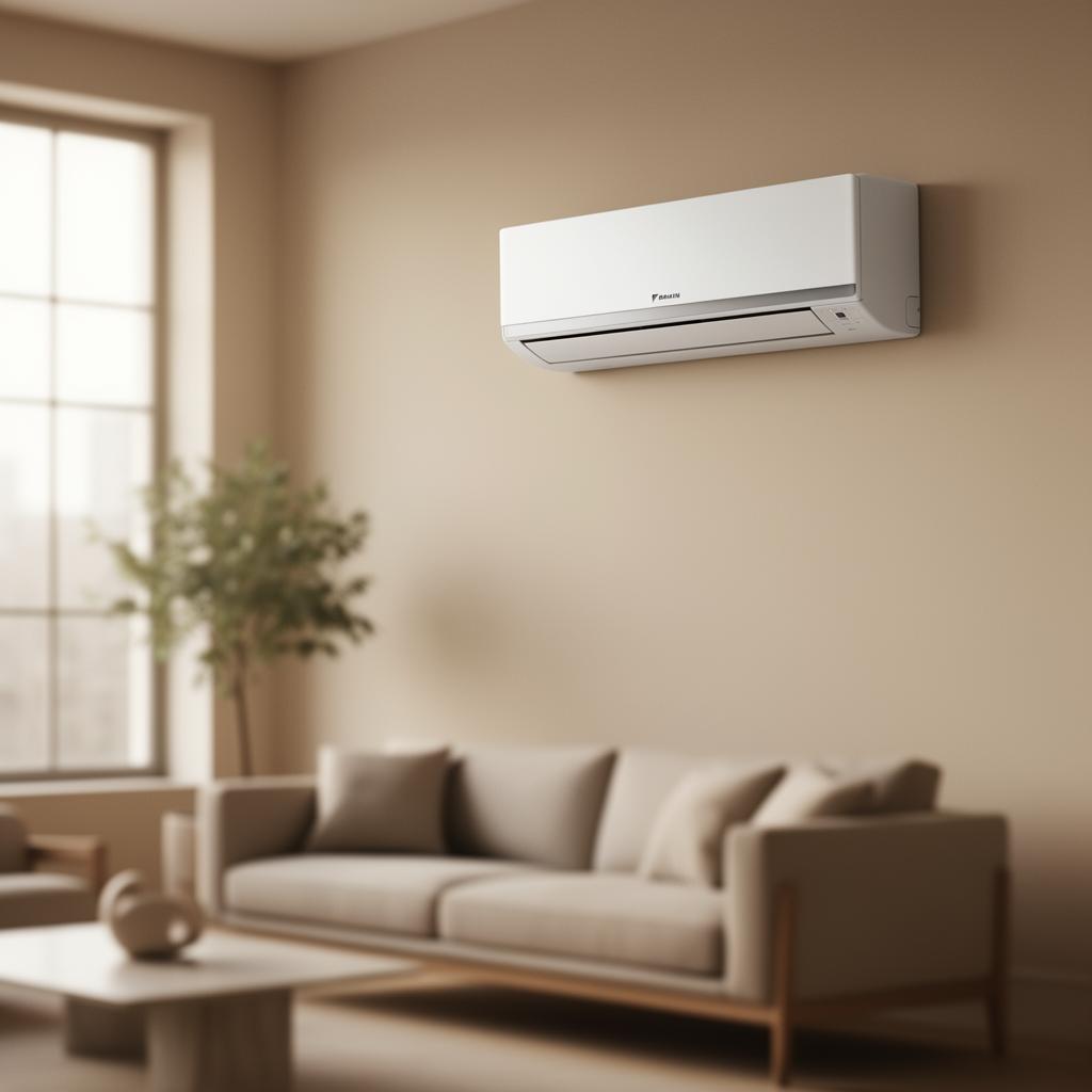 Moderne airco binnenunit in een lichte woonkamer